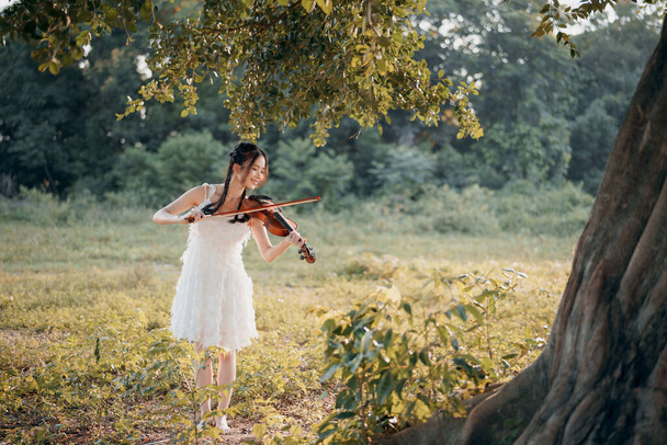 La chica está tocando el violín bajo el gran árbol - Foto, imagen