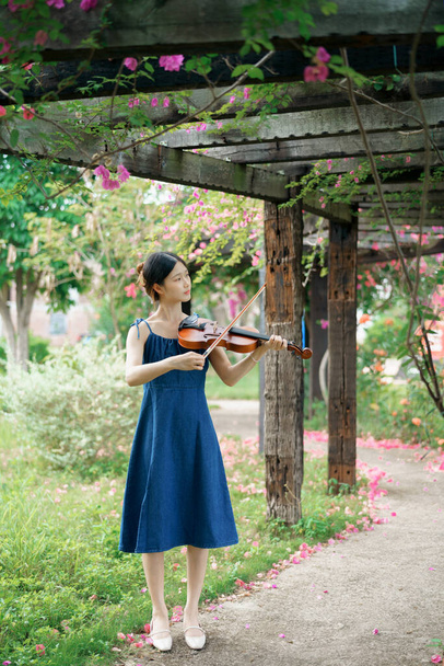 The girl is playing the violin in the garden - Photo, Image