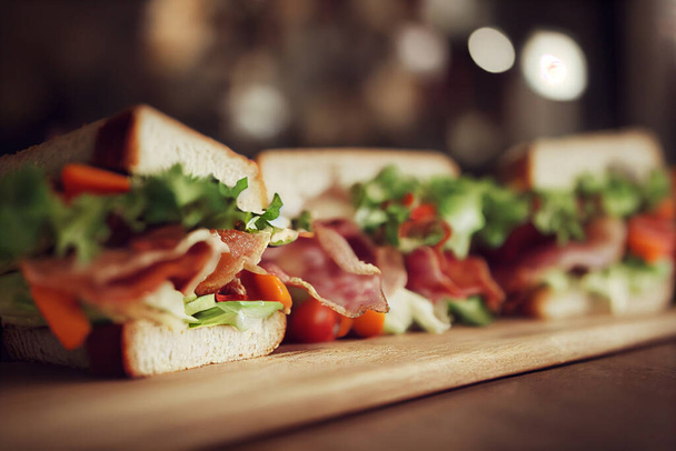 Ілюстрація їжі - бутерброди з беконом та салатом як закуска на дерев'яному лотку
. - Фото, зображення