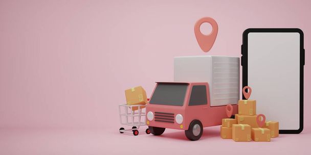3D-s renderelés illusztráció Cartoon minimal delivery truck with package box. Online szállítási szolgáltatás koncepció. Szállítási szállítás szállítás szállítás, szállítási honlap, banner, háttér, alkalmazás, poszter, mobil. - Fotó, kép