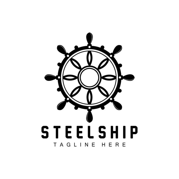 Logo dello sterzo della nave, Vettore dello sterzo della nave delle icone oceaniche con onde oceaniche, Ancoraggio e corda della barca a vela, Design della barca a vela di marca aziendale - Vettoriali, immagini