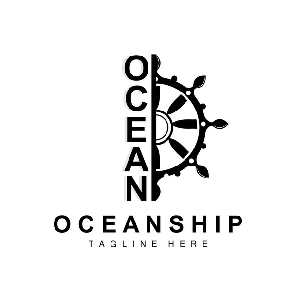 Logo řízení lodi, Ocean Icons Loď řídicí vektor s vlnami oceánu, plachetnice kotva a lano, Společnost Značka plachtění Design - Vektor, obrázek