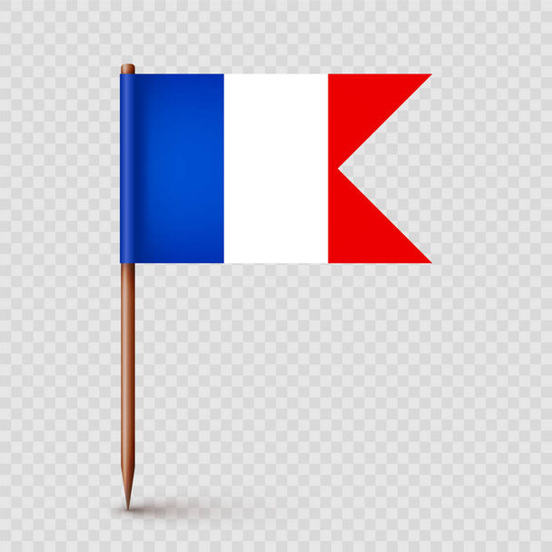 Ρεαλιστική γαλλική σημαία οδοντογλυφίδας. Σουβενίρ από τη Γαλλία. Ξύλινη οδοντογλυφίδα με χάρτινη σημαία Σημάδι θέσης, δείκτης χάρτη. Κενό μακιγιάζ για διαφημίσεις και προαγωγές. Εικονογράφηση διανύσματος. - Διάνυσμα, εικόνα
