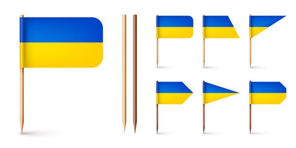 Reális különböző ukrán fogpiszkáló zászlók. Szuvenír Ukrajnából. Fa fogpiszkálók papírzászlóval. Helyszín jel, térkép mutató. Üres mockup reklámokhoz és előléptetésekhez. Vektorillusztráció. - Vektor, kép