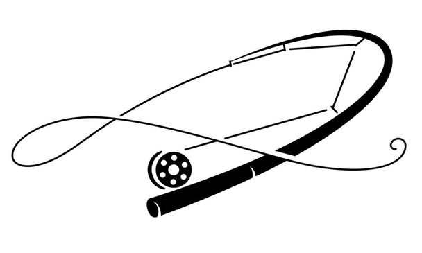 rybářský prut kreslení, černá moucha rybářský prut na bílém pozadí - Vektor, obrázek