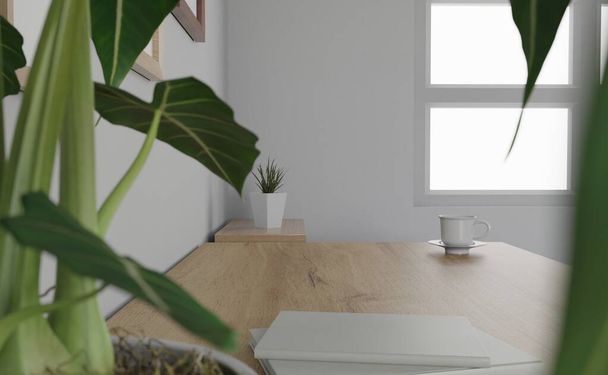 3d renderizar habitación interior. diseño de estilo minimalista. mesa de trabajo. diseño interior del hogar. plantilla para sitio web, fondo de pantalla y maqueta. - Foto, imagen