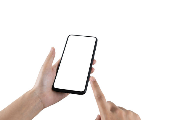 Close up of woman hand using smartphone isolated. Female hands showing empty white screen of modern smart phone isolated white background. clipping path - Φωτογραφία, εικόνα