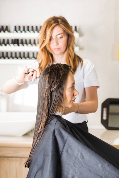 O cabeleireiro faz um corte de cabelo ao cliente em um salão de beleza. Indústria da beleza. - Foto, Imagem