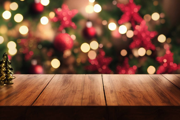 Üres fa asztal. A háttérben egy elmosódott karácsonyi hangulatos ablak bokeh - Fotó, kép