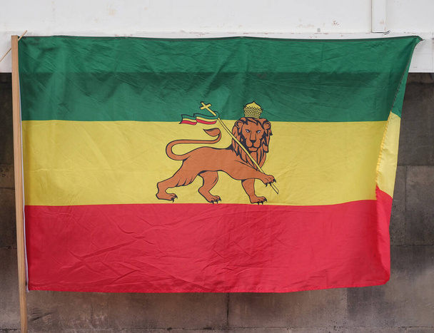 ソロモン朝のユダの象徴であるライオンとエチオピア帝国の旗は1974年に撤回されたが、ラスタファリ運動ではまだ人気がある。 - 写真・画像