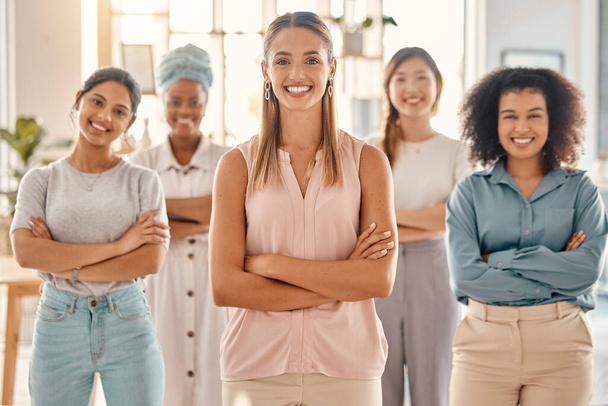 Business woman leadership, empowerment and portrait of diversity management, smile collaboration and employee motivation of office teamwork. Happy women, staff group and commitment to goals in agency. - Photo, Image
