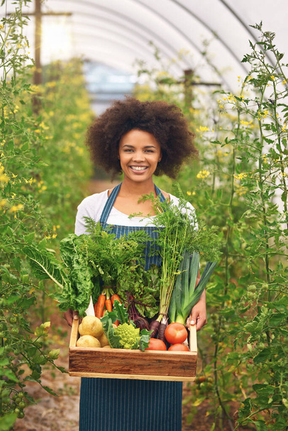 Это был отличный год. Обрезанный портрет привлекательной молодой женщины-фермера с ящиком свежих продуктов - Фото, изображение