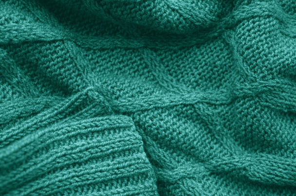 Knitwear Texture. Abstract Knitted Background. Linen Handmade Christmas Pattern. Knitwear Texture. Closeup Thread. Scandinavian Holiday Decor. Structure Jumper Embroidery. Detail Pullover Texture. - Foto, afbeelding