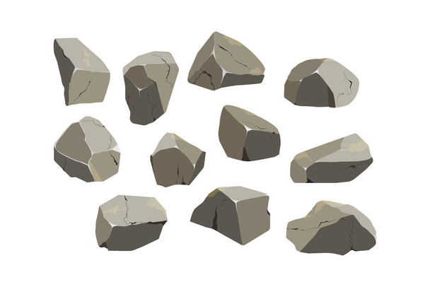 Kustkiezelsteentjes, kasseien, grind, mineralen en geologische formaties.Verzameling van stenen van verschillende vormen.Stenen fragmenten, rotsblokken en bouwmateriaal.Vectorillustratie. - Vector, afbeelding