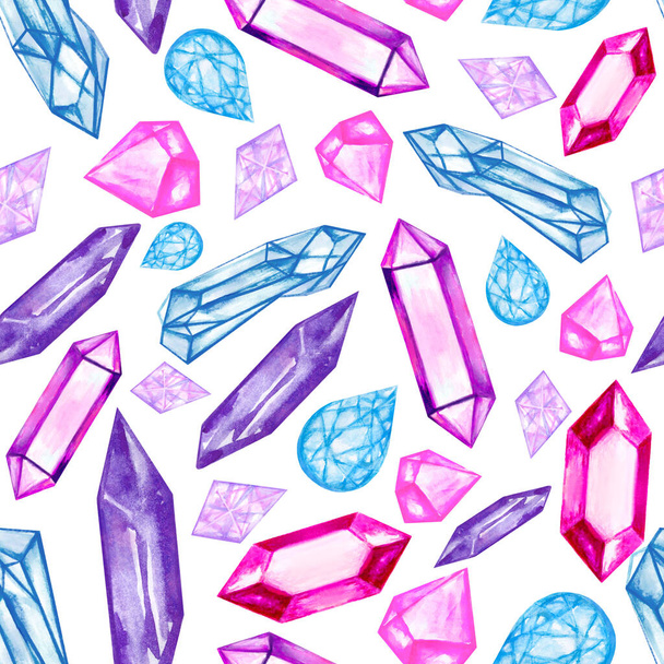 Stylish doodle gemstone crystal jewely rock watercolor hand drawn seamless pattern - Foto, Imagen