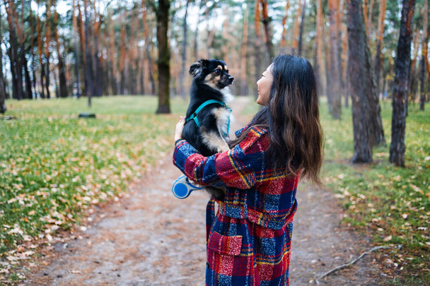 Feliz joven con su perro. Mascotas caseras. Mujer joven está sosteniendo y abrazando a su lindo cachorro mientras camina en el parque. Retrato exterior. - Foto, Imagen