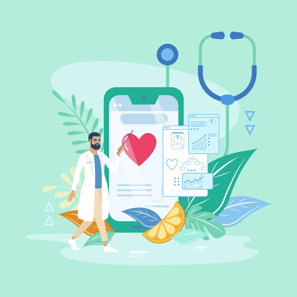 Online healthcare and medical consultation, Digital health concept. Doctor showing mobile app with test results. Illustration vector. - Vector, Image
