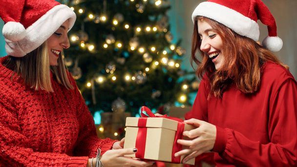Großaufnahme: Beste Freunde tauschen ihr Weihnachtsgeschenk unter dem Baum - Foto, Bild
