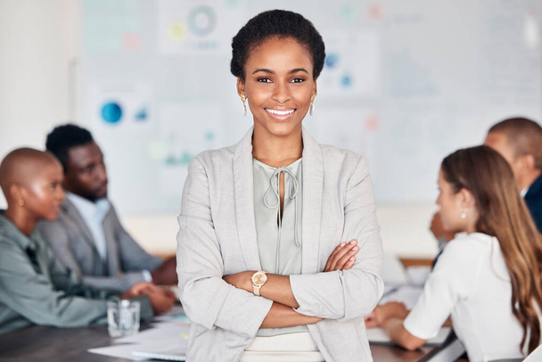 Meeting, team and portrait of black woman, leader or manager standing with pride, confidence and happiness. Communication, collaboration planning and business people team work on marketing strategy. - Foto, Imagem
