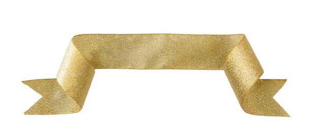 Zlatá stuha banner izolované na bílém pozadí, lesklá stuha štítek designový prvek, zlatý svitek páska inzerovat šablonu. - Fotografie, Obrázek