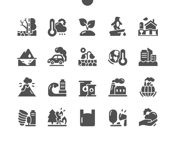 Ecology. Climate change. Weather, sprout, volcano, drought. Forest fire. Air pollution. Vector Solid Icons. Simple Pictogram - Vector, Image