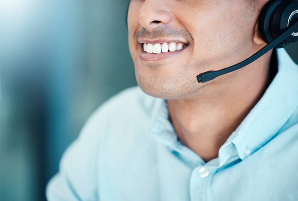 Call center, customer service and mouth of agent in the office, smile and on client call. Communication, telemarketing and cropped face of businessman working in customer support, crm and consulting. - Fotoğraf, Görsel