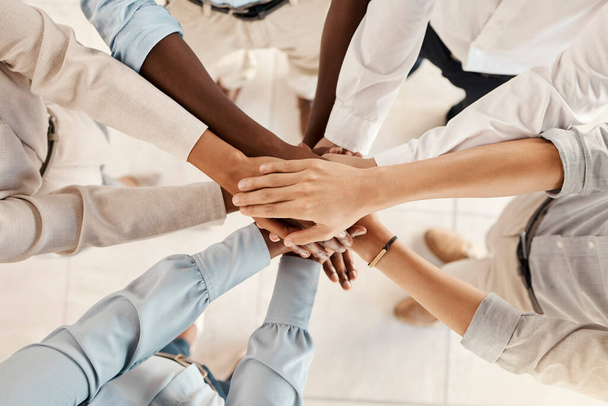 Group hands stack, support business team and motivation solidarity together in office with diversity. Success hand teamwork, multicultural colleagues collaboration and corporate people from above. - Fotografie, Obrázek