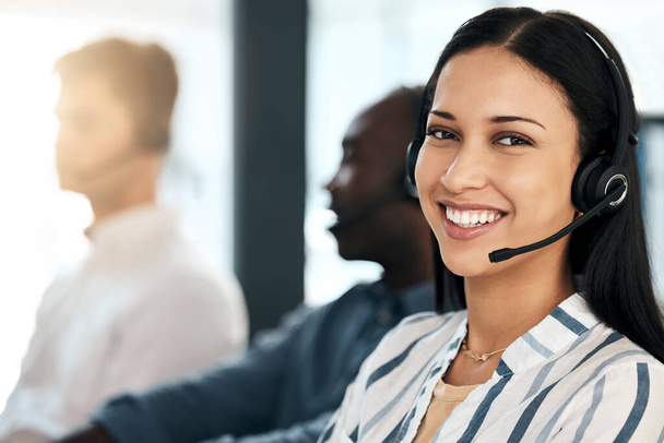 Telemarketing, customer support, and woman online help worker consulting on an office online call. Portrait of a happy call center and crm employee with headset working on a customer service job. - Photo, Image