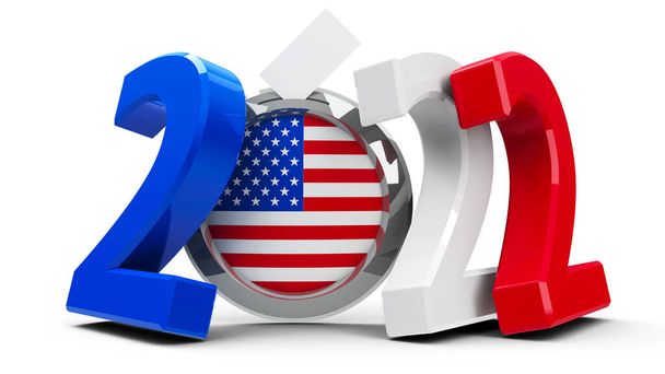 Figuras 2022 nas cores da bandeira americana com crachá isolado em fundo branco, representa Eleição Intermédia 2022 nos EUA, renderização tridimensional, ilustração 3D - Foto, Imagem