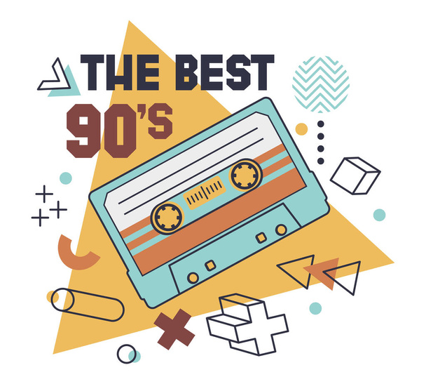 漫画80年代カセットテープ、音楽オーディオカセットバッジ。レトロなオーディオとステレオ、 90年代のアナログプレーヤー古いテープベクトル記号イラスト。ポップカルチャーソングテープステッカー - ベクター画像