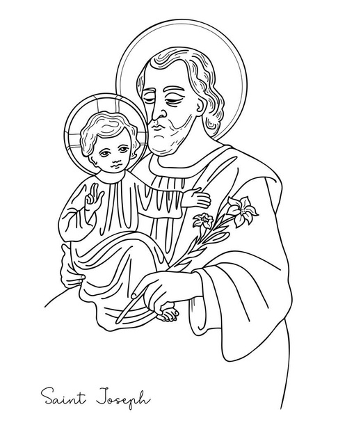 Icône Saint Joseph le Fiancé avec l'Enfant divin, Jésus-Christ et le lis en fleurs. Illustration vectorielle. Tiré à la main. esquisse doodle pour la conception et la décoration de thèmes religieux - Vecteur, image