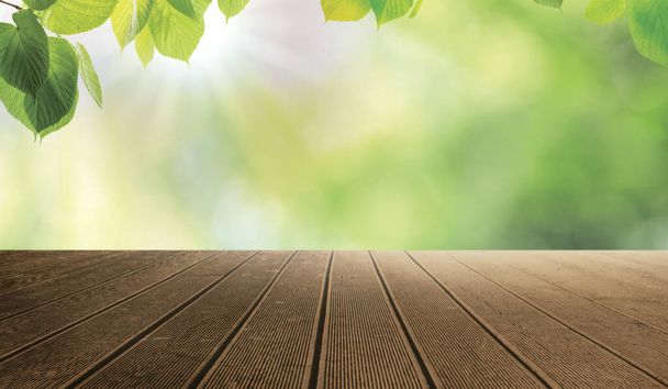 Lege houten ondergrond en mooie groene bladeren op wazige ondergrond. Bokeh-effect - Foto, afbeelding