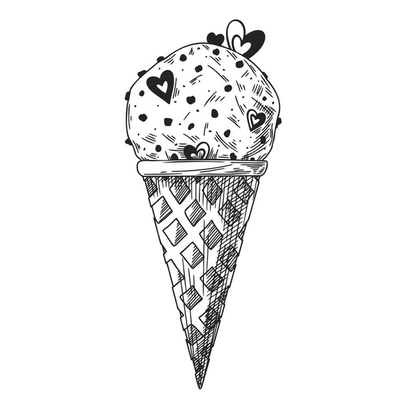 Sketch in a waffle cone. Valentine's day decoration. Vector illustration - Vektör, Görsel