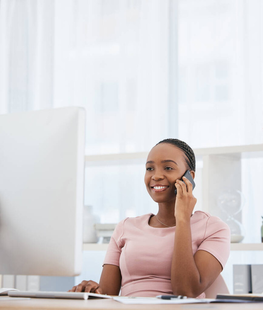 Black woman, phone call and computer in business office networking, financial sales deal or b2b investment negotiation. Happy smile, talking finance worker and company communication technology survey. - Fotó, kép