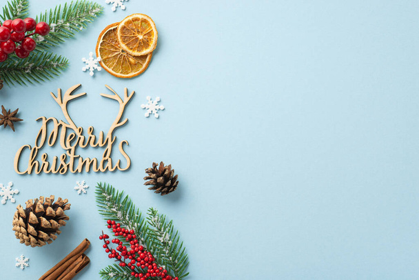 Top view photo of merry christmas wooden text mistletoe berries pine cones fir branches anise dried orange slices cinnamon sticks and snowflakes on isolated light blue background with copyspace - Fotografie, Obrázek