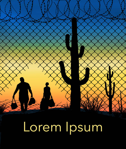 Os imigrantes ilegais entram nos EUA a partir do México através de um ponto fraco na cerca de fronteira nesta ilustração 3-d. A cena é ao pôr-do-sol em um cenário deserto com saguaro cacto. - Foto, Imagem