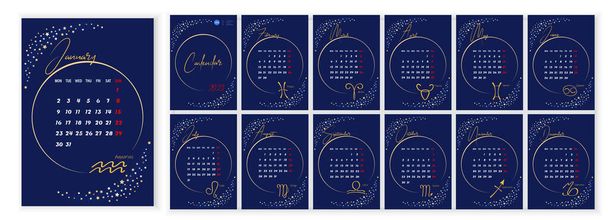 Astrology Wall Monthly Calendar 2023. Вертикальний фотокалендар Layout на 2023 рік англійською мовою з знаками зодіаку, зіркою, місяцем на синьому небі. Обкладинка Календар, 12 місяців шаблонів. Вертикальні дані. Приклад вектора - Вектор, зображення