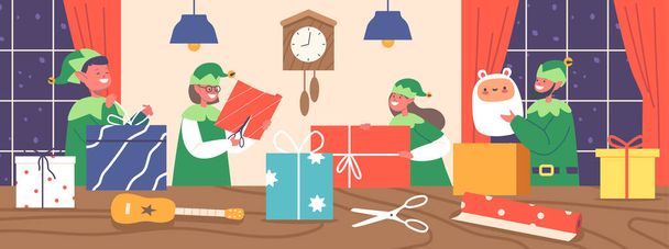 Elfi divertenti Gli aiutanti di Babbo Natale che lavorano nella stanza dell'ufficio Preparano regali e regali per i bambini per Buon Natale e Felice Anno Nuovo Celebrazione delle vacanze invernali. Illustrazione del vettore del fumetto - Vettoriali, immagini