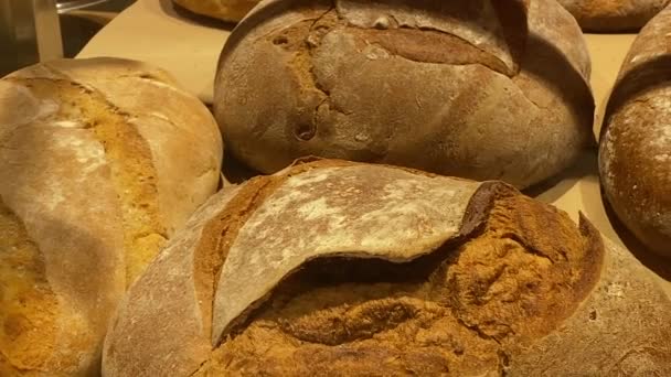 Friss kenyér egy kézműves cukrászdában. Bemutató a piacon egy vekni búzakenyérrel. baguette - Felvétel, videó