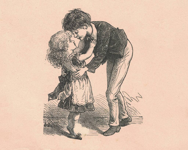 Mustavalkoinen antiikkikuvitus näyttää kaksi söpöä lasta (sisarukset). Vintage-kuvassa on pieni tyttö ja hänen isoveljensä. Vanha valokuva satukirjasta. Storybook kuvitus julkaistu 1910. - Valokuva, kuva