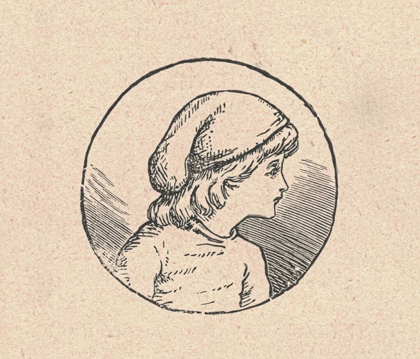 A fekete-fehér antik illusztráció egy törpe sapkás kisfiút ábrázol. Vintage illusztráció mutatja egy fiatal fiú visel gnóm kalap. Régi kép a mesekönyvből. Storybook illusztráció megjelent 1910. - Fotó, kép