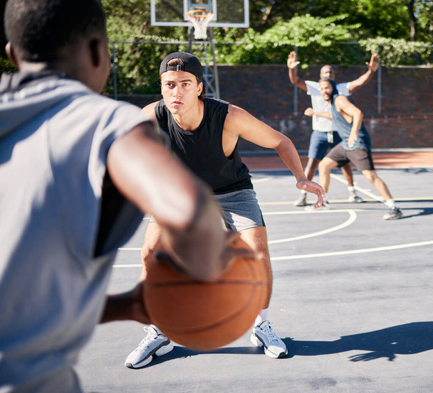 Basketball, team and men playing sport in a competition, training or exercise players with talent, skill and fitness. Sports people in a competitive practice match on an outdoor court using teamwork. - Foto, Imagem
