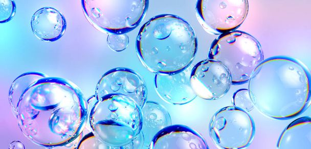 3D рендеринг, абстрактный синий фон, воздушные пузыри, обои со стеклянными шариками - Фото, изображение