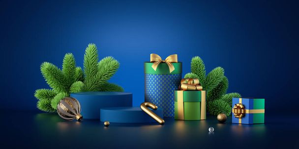 3d render. Winter holiday scene with Christmas ornaments, green spruce and gift boxes, isolated on dark blue background. Showcase with empty podium for product presentation. Festive horizontal banner - Foto, afbeelding
