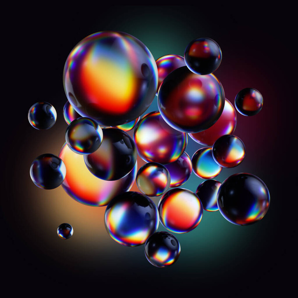 3d render, dark background with abstract colorful glass balls or iridescent bubbles - Photo, image