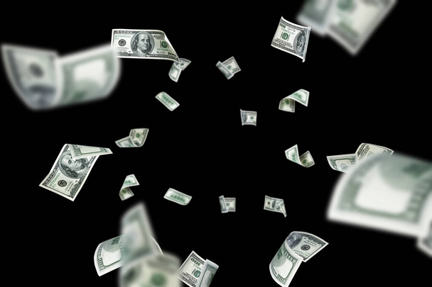 Yüz dolarlık banknot. Düşen para siyah arka planda izole edilmiş. Amerikan parası - Fotoğraf, Görsel
