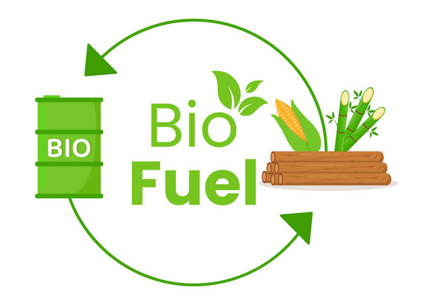 Ciclo de Vida de Biocombustíveis de Materiais Naturais e Plantas com Barris Verdes ou Energia de Produção de Biogás em Modelos Desenhados à Mão de Desenhos Animados Planos Ilustração - Vetor, Imagem