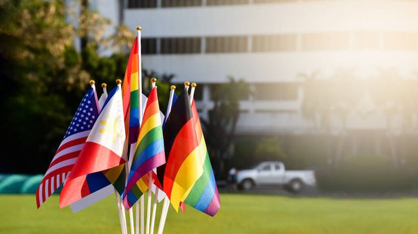 Прапори та прапори веселки багатьох країн перед зеленим газоном азіатської школи, концепція святкування lgbtq+ гендерів у гордому місяці по всьому світу, м'яка та вибіркова увага
. - Фото, зображення