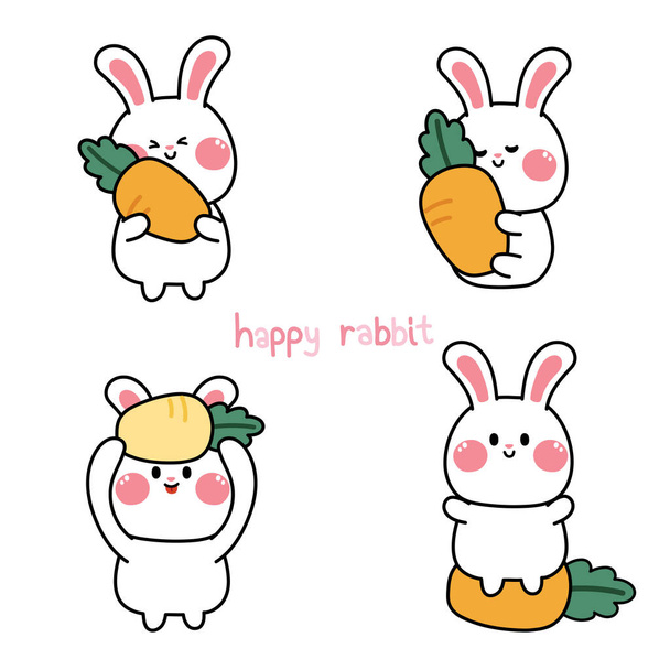 Набір милих кроликів з морквою в різних позах. Щасливий кролик мультяшної колекції. Великдень. Весна. Овочі. Зображення для картки, стікера, дитячого продукту. Каваї. Вектор.Ілюстрація
. - Вектор, зображення