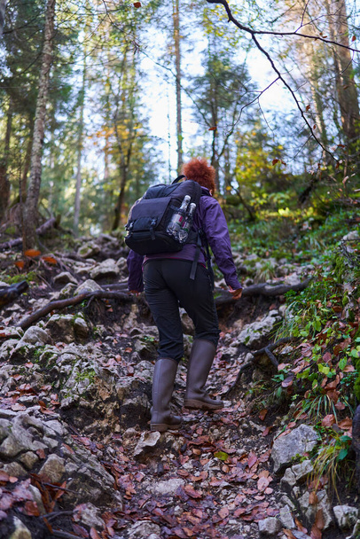 Woman hiker with backpack on a hiking trail in the mountains - Fotografie, Obrázek